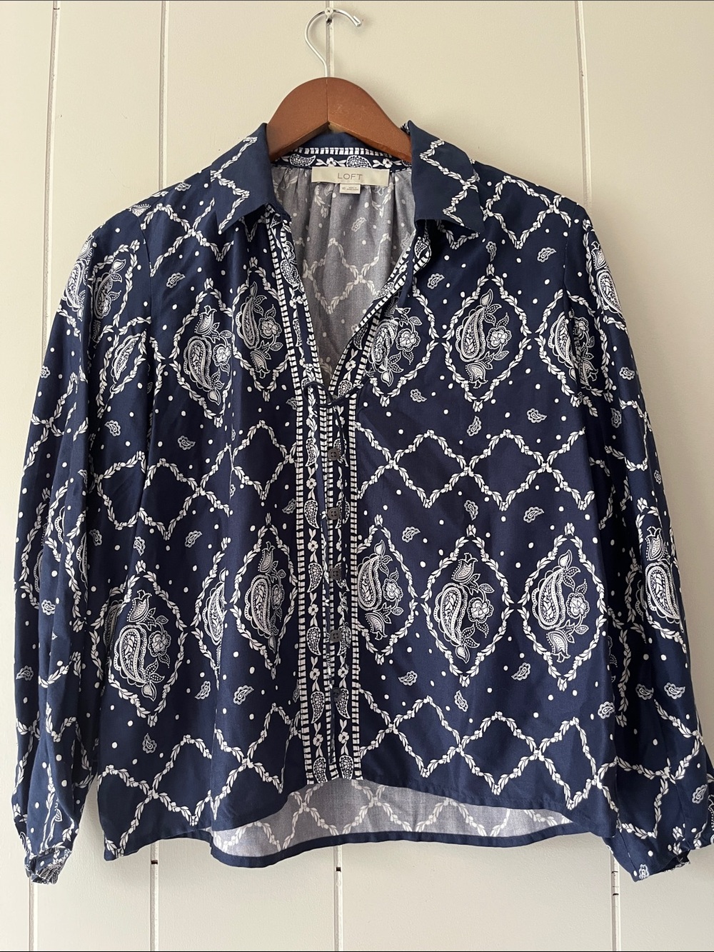LOFT Navy and White Paisley Print Button-Front Shirt Jacket